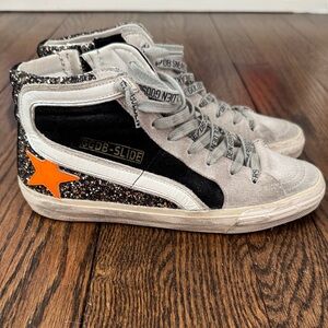 Golden Goose Black and Gray High-Tops with Orange Star